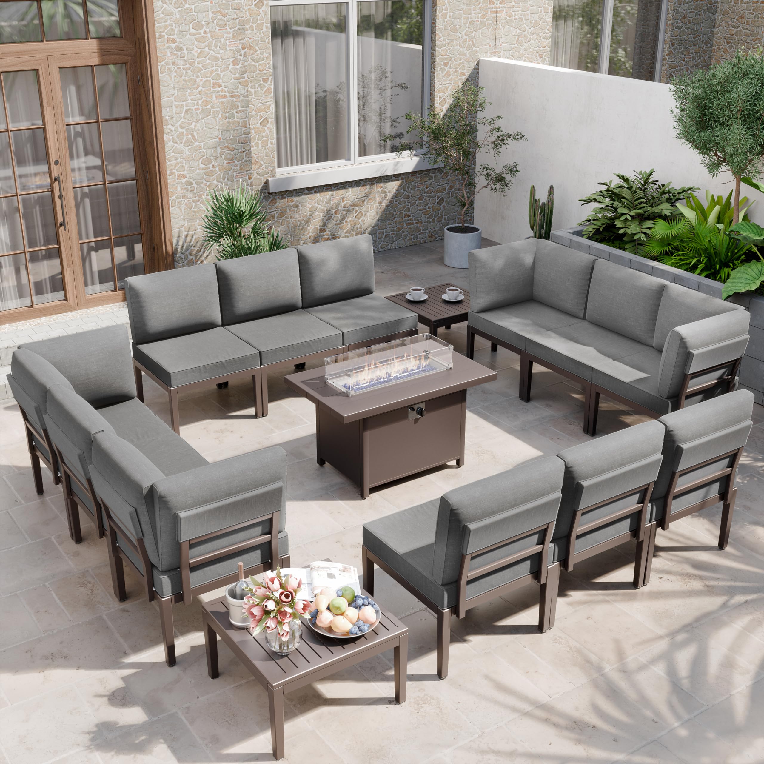 Kurapika 15 Pieces Metal Patio Furniture Set Modern Metal Outdoor Conversation Sets w/45in Propane Fire Pit Table, Patio Sectional Sofa w/5 Inch Cushion, Grey