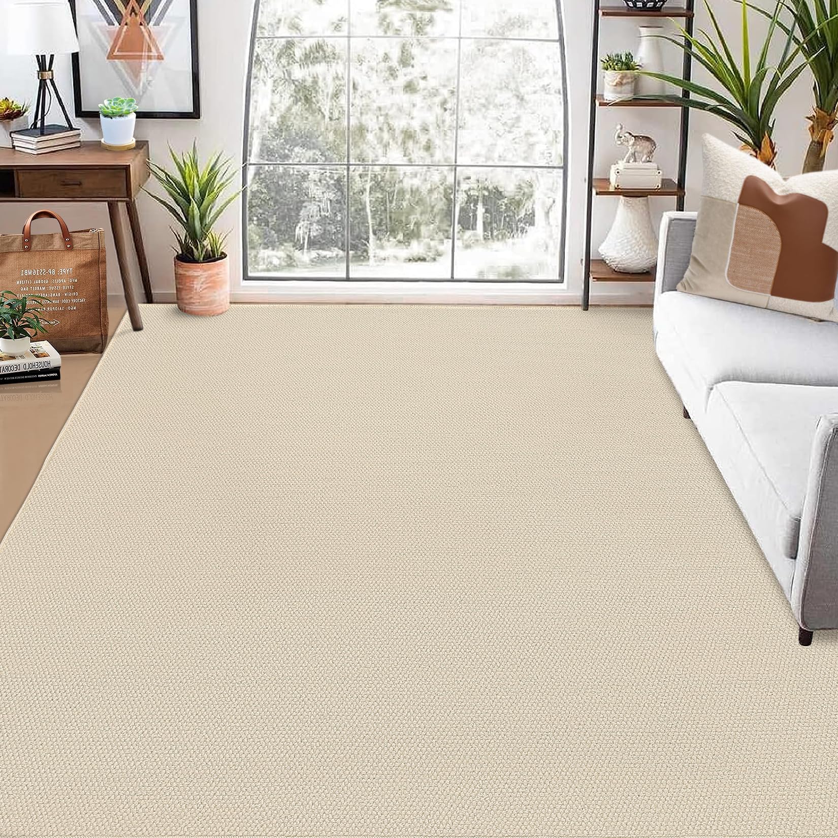 CAROMIO 9x12 Area Rug Large Machine Washable Rug Modern Solid Textured Area Rug Stain Resistant Non-Slip Accent Rug Contemporary Woven Floor Cover Farmhouse Carpet for Living Room Decor, Cream