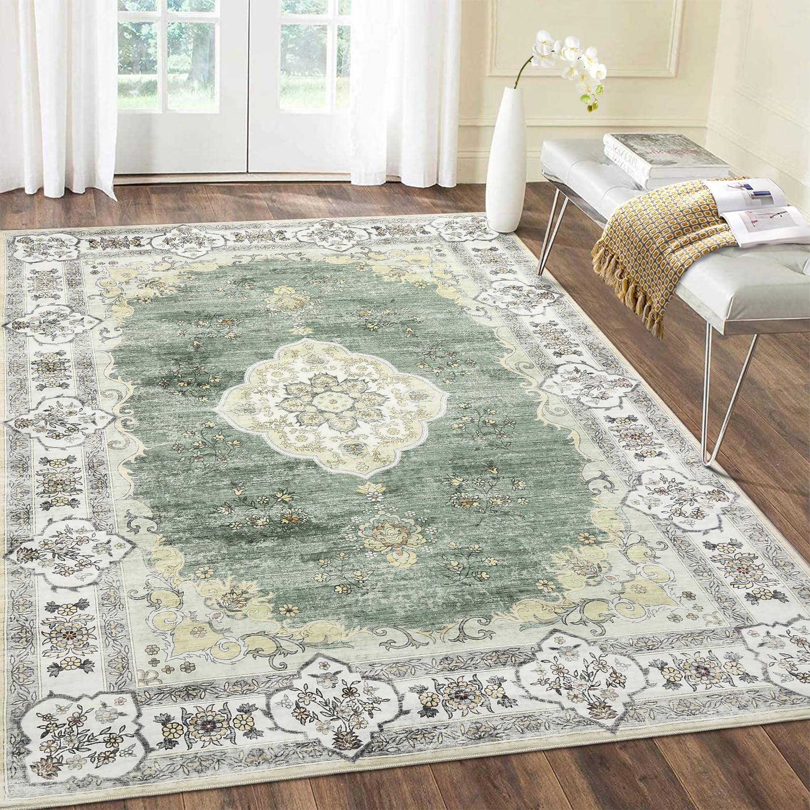 GarveeHome Rugs for Living Room 9x12 Washable Soft Rug Vintage Rugs Non Slip Distressed Rug Low Pile Thin Rug Stain Resistant Accent Throw Rug for Bedroom, Green