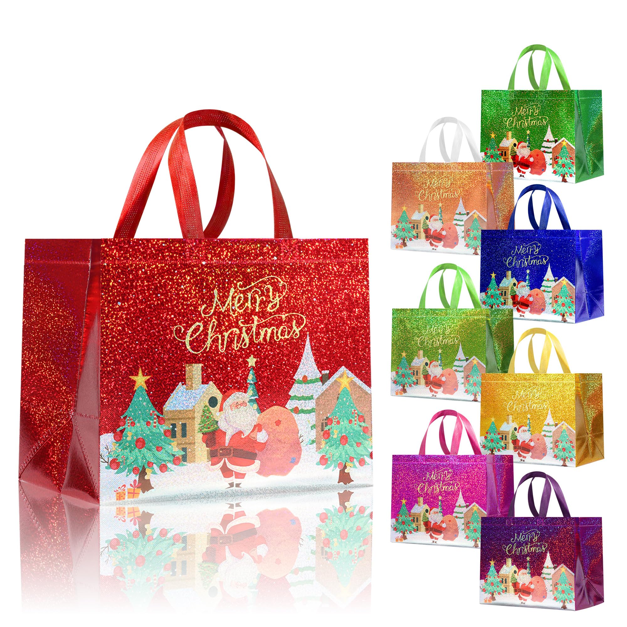 cabzymx 8 Pcs Multicolor Christmas Gift Bags with Bases, Large Reusable Non-woven Bags for Gifts with 8 Colors, 12.6 x 6.7 x 9.8 In Holiday Gift Bags for Xmas Party, Gifts Wrapping