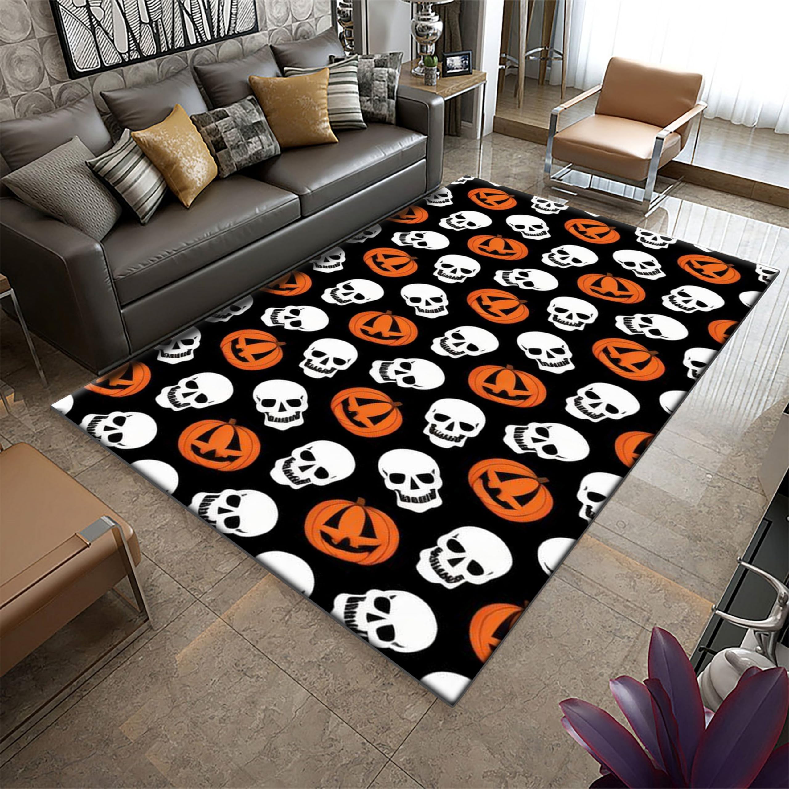 PDENZG Halloween Skull Rug, 3x4ft,Washable Halloween Rugs,Gothic Rugs for Living Room, Indoor Gothic Decor Halloween Floor Mat，Funny Pumpkin Rug, for Living Dining Room Bedroom Dining Room 。