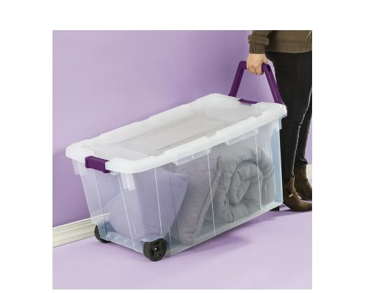 Generic 2PCS 40 Gallon Industrial Tote Plastic Storage Bins Wheeled Large Storage Box Set, Clear And Purple