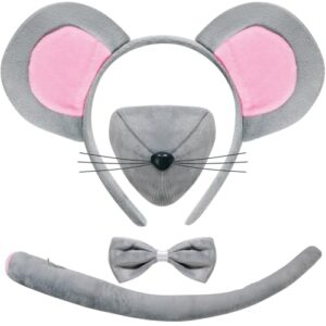 casw mouse costume ears-headband-tail-nose-bow-tie accessories set : standing up grey and pink ears headband and tail, bow tie mouse halloween accessories set - for toddlers and kids