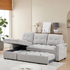 fanye l-shaped 3-seaters reversible sleeper sectional sofa w/pull out couch bed and storage chaise for living room, chenille tufted upholstered convertible sofabed with usb and type-c charging ports