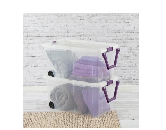 Generic 2PCS 40 Gallon Industrial Tote Plastic Storage Bins Wheeled Large Storage Box Set, Clear And Purple