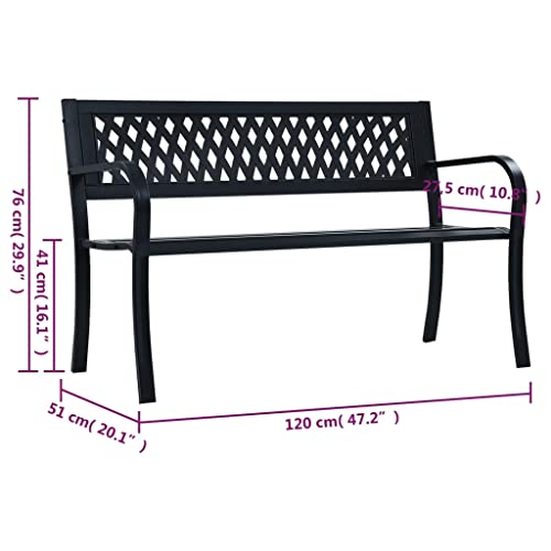 YELWHI Patio Benches Patio Bench Black 47.2" Steel,Outdoor Patio Bench with Steel Frame and Lattice Patterned Plastic Backrest for Comfort and Durability Outdoor Furniture & Accessories