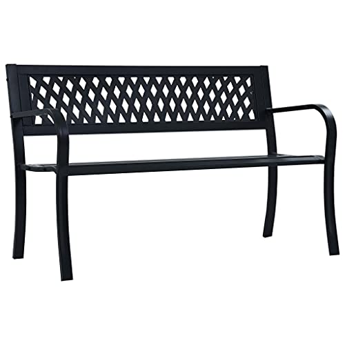 YELWHI Patio Benches Patio Bench Black 47.2" Steel,Outdoor Patio Bench with Steel Frame and Lattice Patterned Plastic Backrest for Comfort and Durability Outdoor Furniture & Accessories