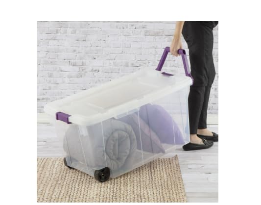 Generic 2PCS 40 Gallon Industrial Tote Plastic Storage Bins Wheeled Large Storage Box Set, Clear And Purple