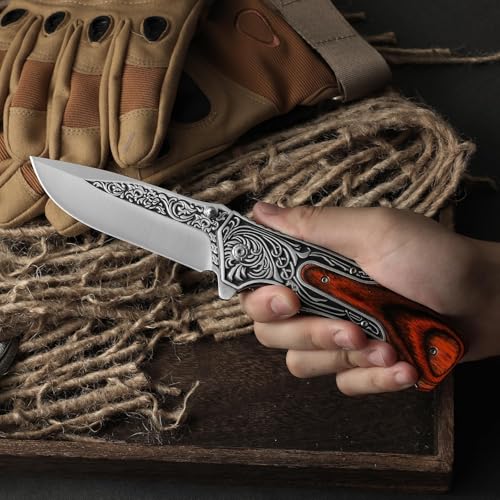 DRACHENADER Pocket Knife with Nylon Sheath and Clip, D-J34, Gift for Men, Christmas, Birthday, Father's Day, 8.7" 440C Stainless Steel Cool Folding Knife3D Retro Embossed Pattern, Boyfriend Gifts