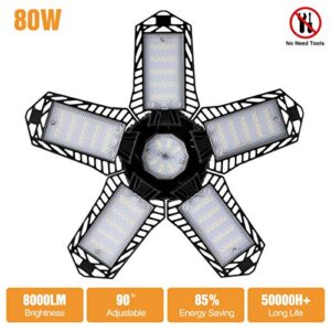 Fuuroottly 2 Pcs LED Five Leaf Garage Light Garage Ceiling Lamp 8000LM Deformation Basement Adjustable High Bay Light 80W & 100W