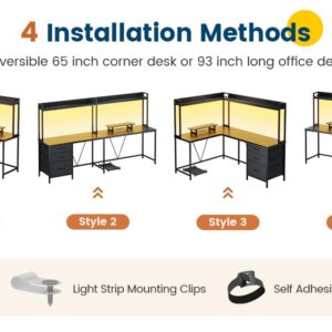 UPOSOJA L Shaped Gaming Desk with Shelves, Reversible Computer Desk with Power Outlet & LED Lights, Home Office Desks Writing Desk with 3 Drawers Monitor Stand Storage Hutch(Black)