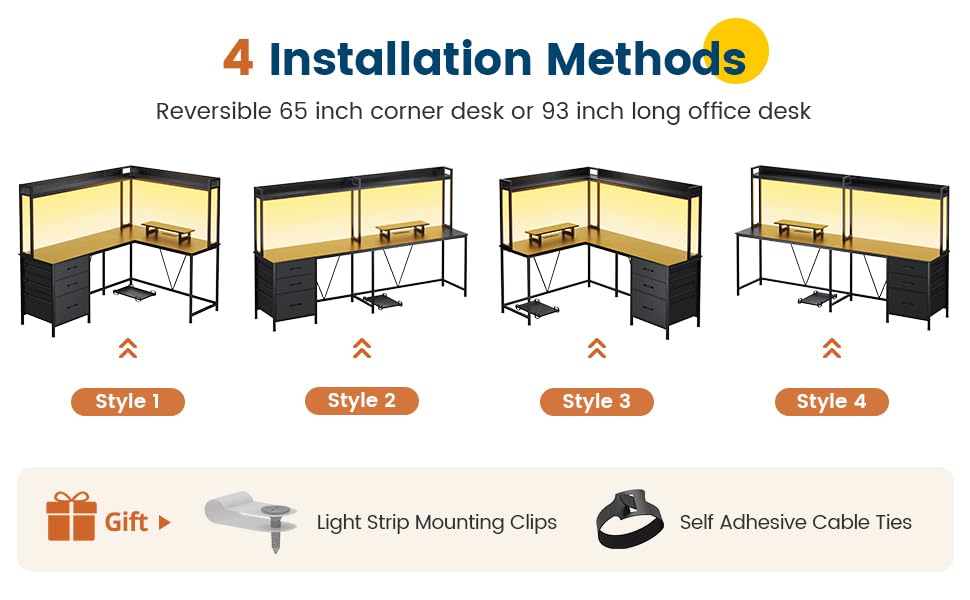 UPOSOJA L Shaped Gaming Desk with Shelves, Reversible Computer Desk with Power Outlet & LED Lights, Home Office Desks Writing Desk with 3 Drawers Monitor Stand Storage Hutch(Black)