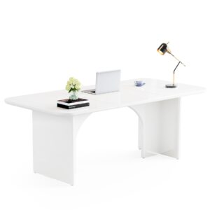 Tribesigns 62.99" Large Desk, Modern Home Office Computer Desk for 1-2 Person, Minimalist Double PC Writing Table Study Desk Executive Desk with Arch Design Legs, Cream White