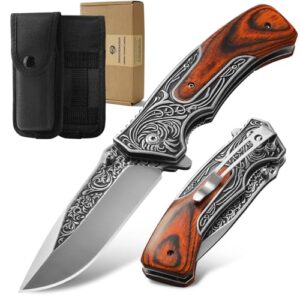 drachenader pocket knife with nylon sheath and clip, d-j34, gift for men, christmas, birthday, father's day, 8.7" 440c stainless steel cool folding knife3d retro embossed pattern, boyfriend gifts