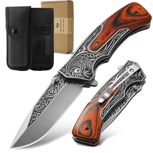 DRACHENADER Pocket Knife with Nylon Sheath and Clip, D-J34, Gift for Men, Christmas, Birthday, Father's Day, 8.7" 440C Stainless Steel Cool Folding Knife3D Retro Embossed Pattern, Boyfriend Gifts