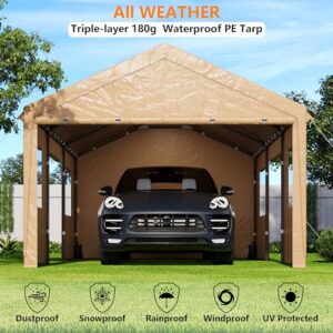 SANWAY 12'x20' Heavy Duty Carport with Removable Sidewalls & Doors, Portable Garage with Roll-up Ventilated Windows, Beige