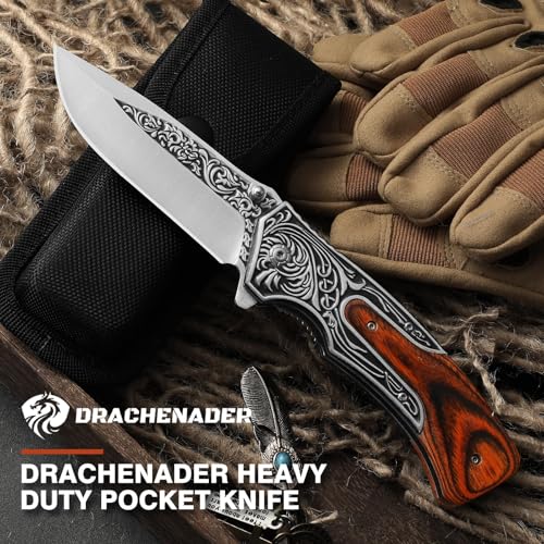 DRACHENADER Pocket Knife with Nylon Sheath and Clip, D-J34, Gift for Men, Christmas, Birthday, Father's Day, 8.7" 440C Stainless Steel Cool Folding Knife3D Retro Embossed Pattern, Boyfriend Gifts