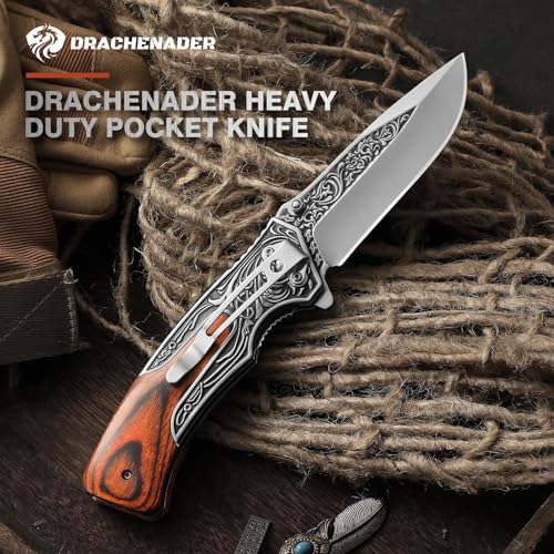 DRACHENADER Pocket Knife with Nylon Sheath and Clip, D-J34, Gift for Men, Christmas, Birthday, Father's Day, 8.7" 440C Stainless Steel Cool Folding Knife3D Retro Embossed Pattern, Boyfriend Gifts