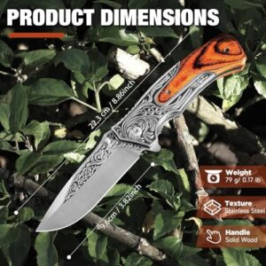 DRACHENADER Pocket Knife with Nylon Sheath and Clip, D-J34, Gift for Men, Christmas, Birthday, Father's Day, 8.7" 440C Stainless Steel Cool Folding Knife3D Retro Embossed Pattern, Boyfriend Gifts