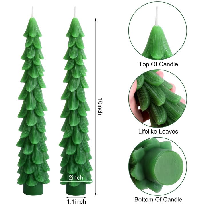 EBaokuup 4 Pcs Christmas Tree Taper Candles-10 Inches Unscented Tree Shaped Taper Candles-Green Christmas Decorative Tree Candles for Home Wedding Decor Holiday Gifts