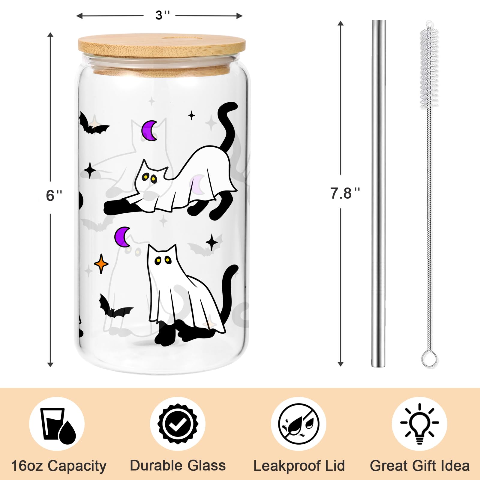 Lovearth Cute Halloween Ghost Cat Iced Coffee Cup, 16oz Halloween Glass Cup with Lid and Straw, Halloween Coffee Tumbler, Boo Basket Stuffers for Women, Men, Teens, Spooky Gifts for Cat Lovers