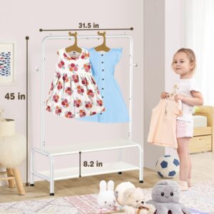 Kids Clothing Rack - Kids Dress Up Clothes Storage Racks - Baby Toddler Clothes Rack - Small Kids Costume Wardrobe Rack with 2 Fabric Floors Storage Shelf - Mini Short Kids Clothing Garment Rack