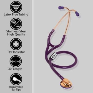 RCSP Cardio Stethoscope for Doctors and Nurses, Lightweight Chest Piece, Flexible Jointless Tube, Soft Ear Knobs, Rose Gold, Single Head Brass (PURPLE)