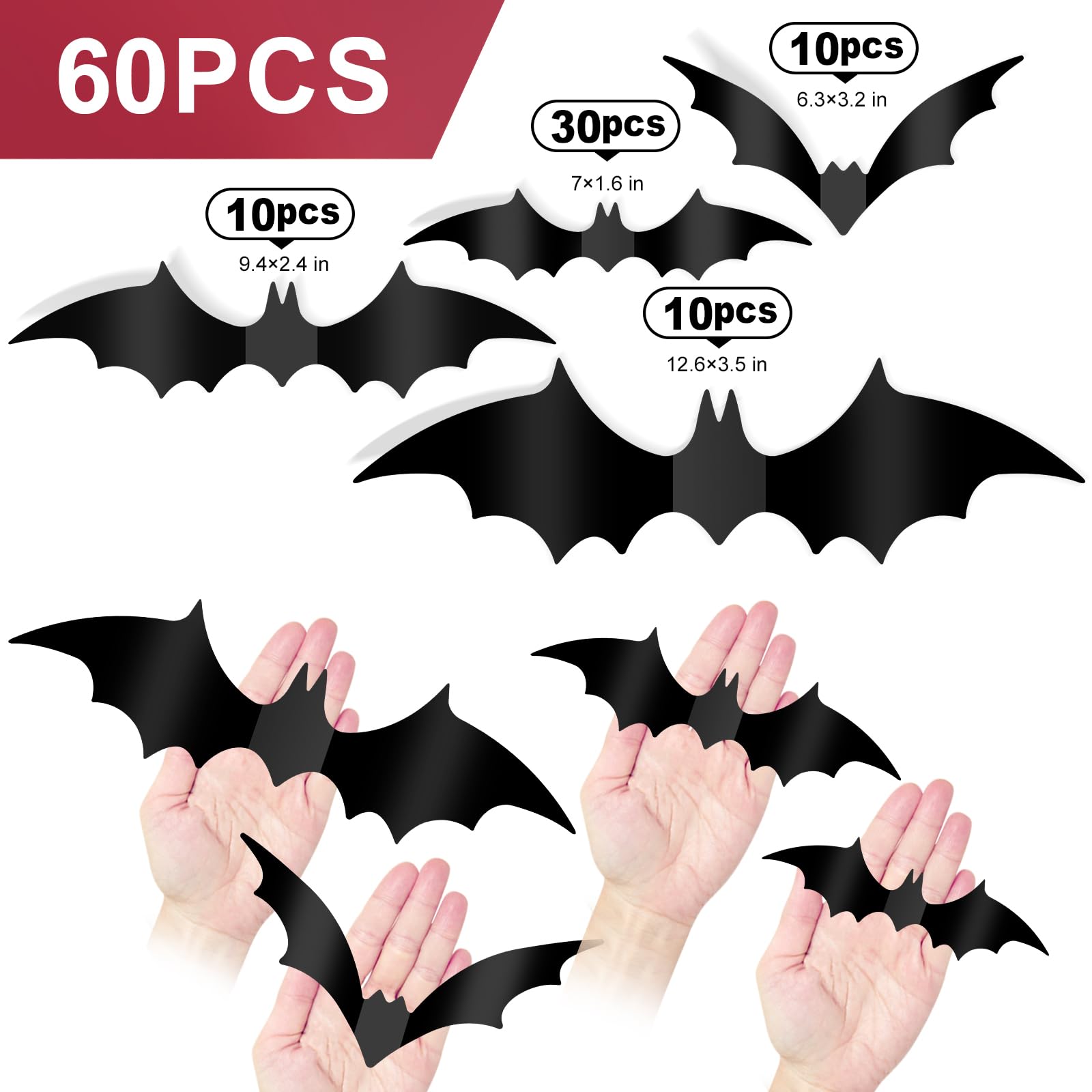 Halloween Decorations Bats Wall Stickers, 60 PCS Reusable 3D Black Halloween Bats Scary Stickers with Double-Sided Tape for Halloween Home Decor DIY Window Wall Indoor Outdoor Halloween Party Supplies