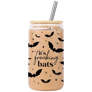 lovearth halloween bats cup, gothic bat iced coffee cup, 16oz halloween glass cup with lid and straw, spooky gifts, cute halloween gifts for women, men, bat lovers, gifts for halloween lovers