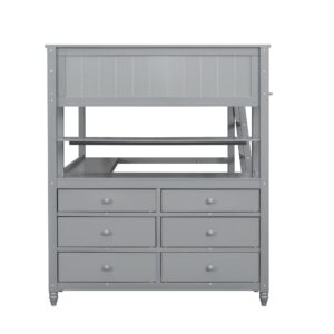 Full Size Loft Bed with Desk and Storage Drawers, Wood Loft Bed Frame with Shelves and Ladder for Kids Adults Boys Girls Teens, Gray