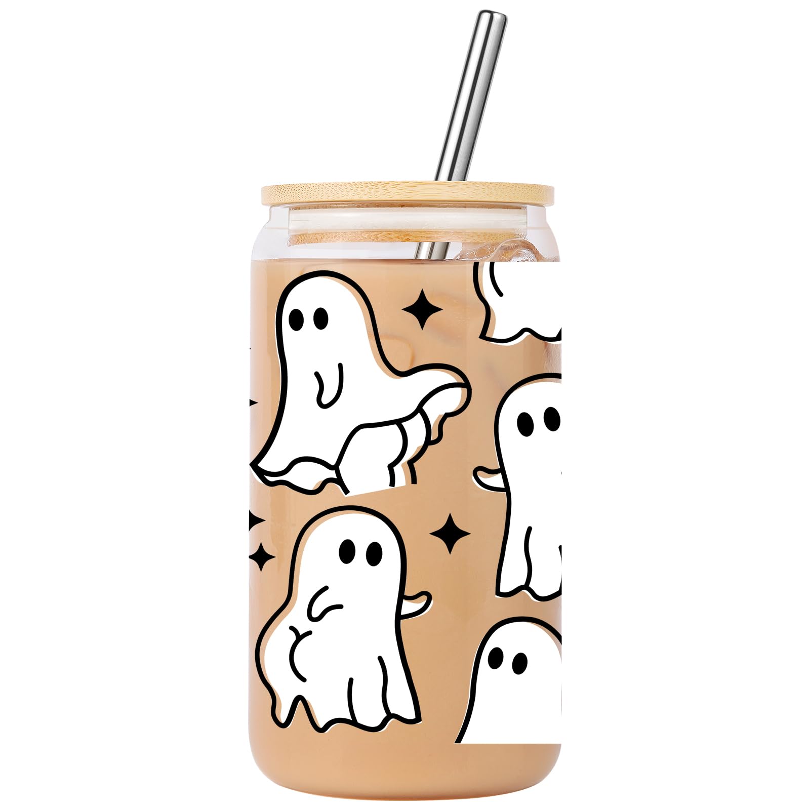 Lovearth Halloween Ghost Glass Tumbler, Cute Halloween Glass Cup with Lid and Straw, 16oz Iced Coffee Cup, Spooky Gifts, Boo Basket Stuffers for Women, Men, Teens, Gifts for Halloween Lovers