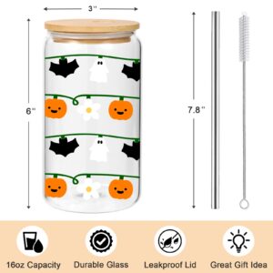 Lovearth Halloween Pumpkin Ghost String Lights Cup, Fall Cup, Halloween Bats Cup, 16oz Halloween Glass Cup with Lid & Straw, Spooky Gifts, Halloween Gifts for Women, Men, Teens, Halloween Lovers