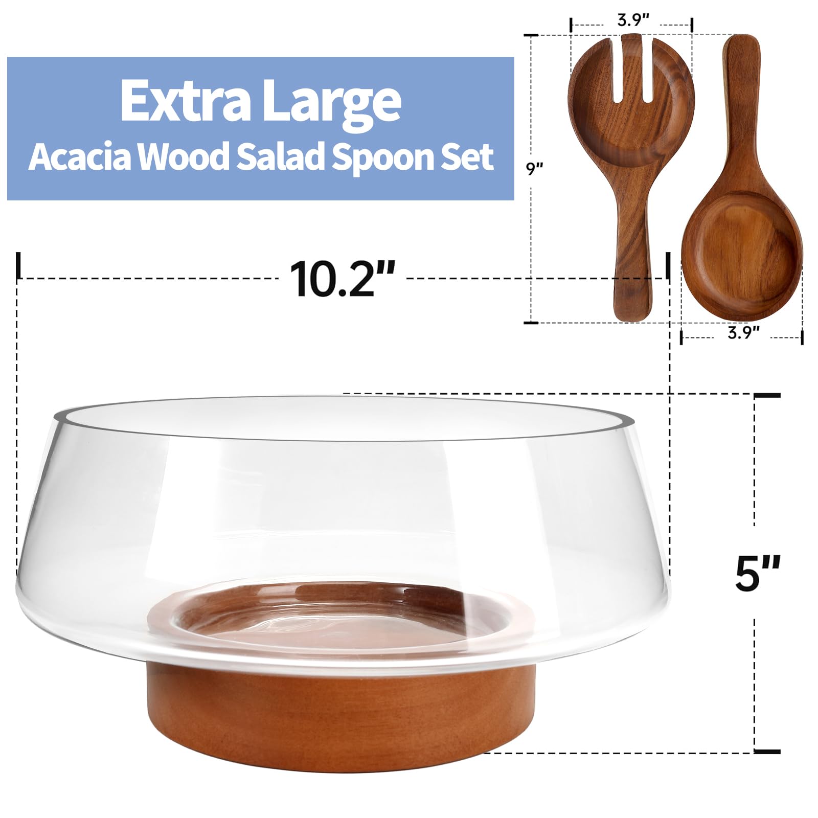 Airsent Glass Salad Bowl Set with Wood Base Servers, Large 160 oz Hand Blown Glass Bowl Kitchen Must Haves, Big Serving Bowl Elegance Trifle Bowl Glass, Wooden Kitchen Utensils for Party