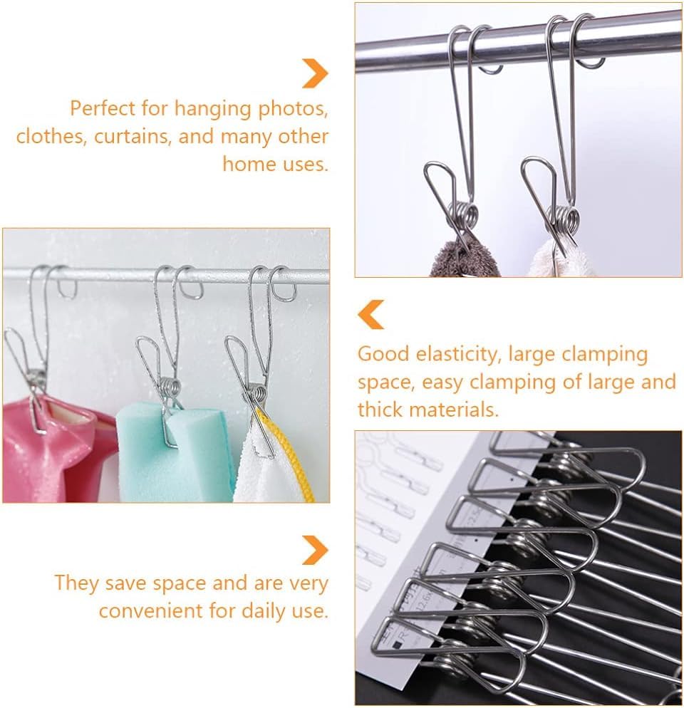 Stainless Steel Clothespins - 2024 New Heavy Duty Long Tail Clips with Hooks, Extra Large Universal Hanging Clips for Clothes, 10 Pack Stainless Steel Metal Clothespins for All Your Drying Needs (10)