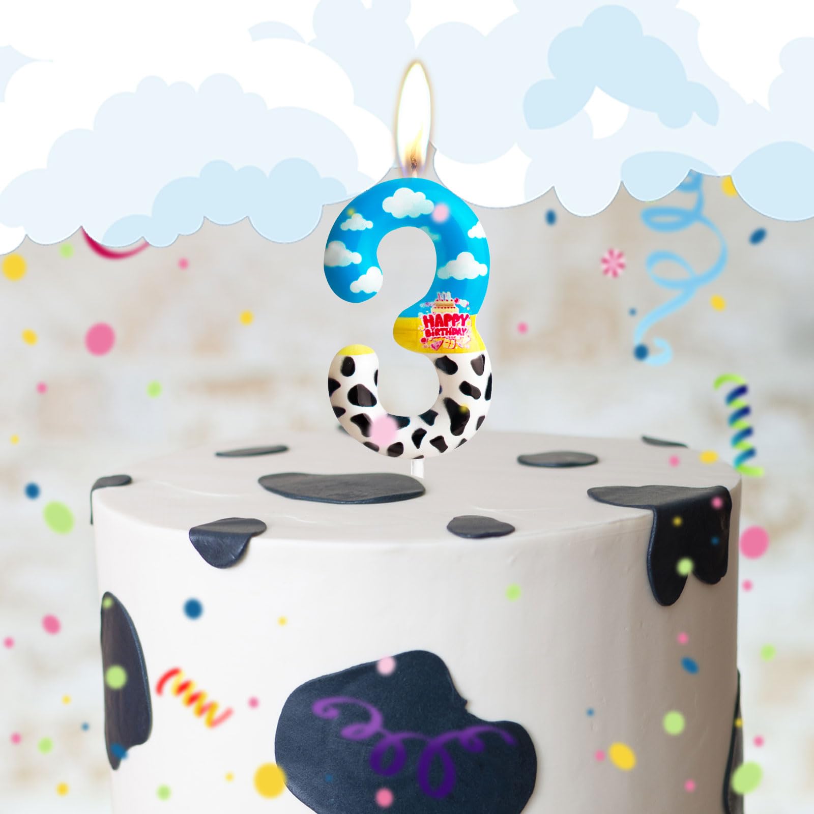 Zi Lan Toy Inspired Game Birthday Candle Cartoon Story Birthday Party Decorations Blue Sky White Cloud and Black Cow Birthday Cake Topper Candles for Boy Girl Cartoon Theme Party Decorations Supplies