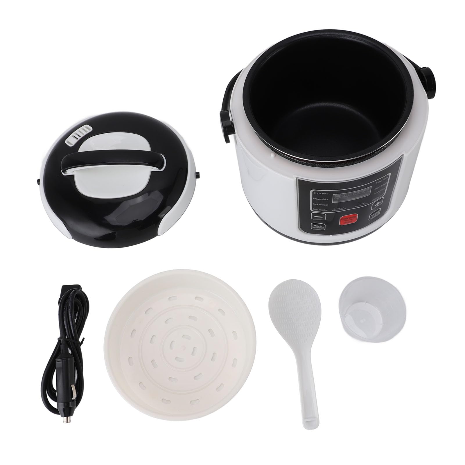 Mini Rice Cooker, 2L Portable Stick Proof Multifunctional Travel Rice Cooker with Inner Pot Steam Basket, 24H Reservation, Cooking Heating and Keeping Warm for Cars,