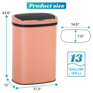 Qxznby 13 Gallon Automatic Trash Can Bathroom Trash Can with Lid, Garbage Can 50 Liter Touch Free High-Capacity Brushed, Stainless Steel Waste Bin for Kitchen Bedroom Living Room Office(Pink)