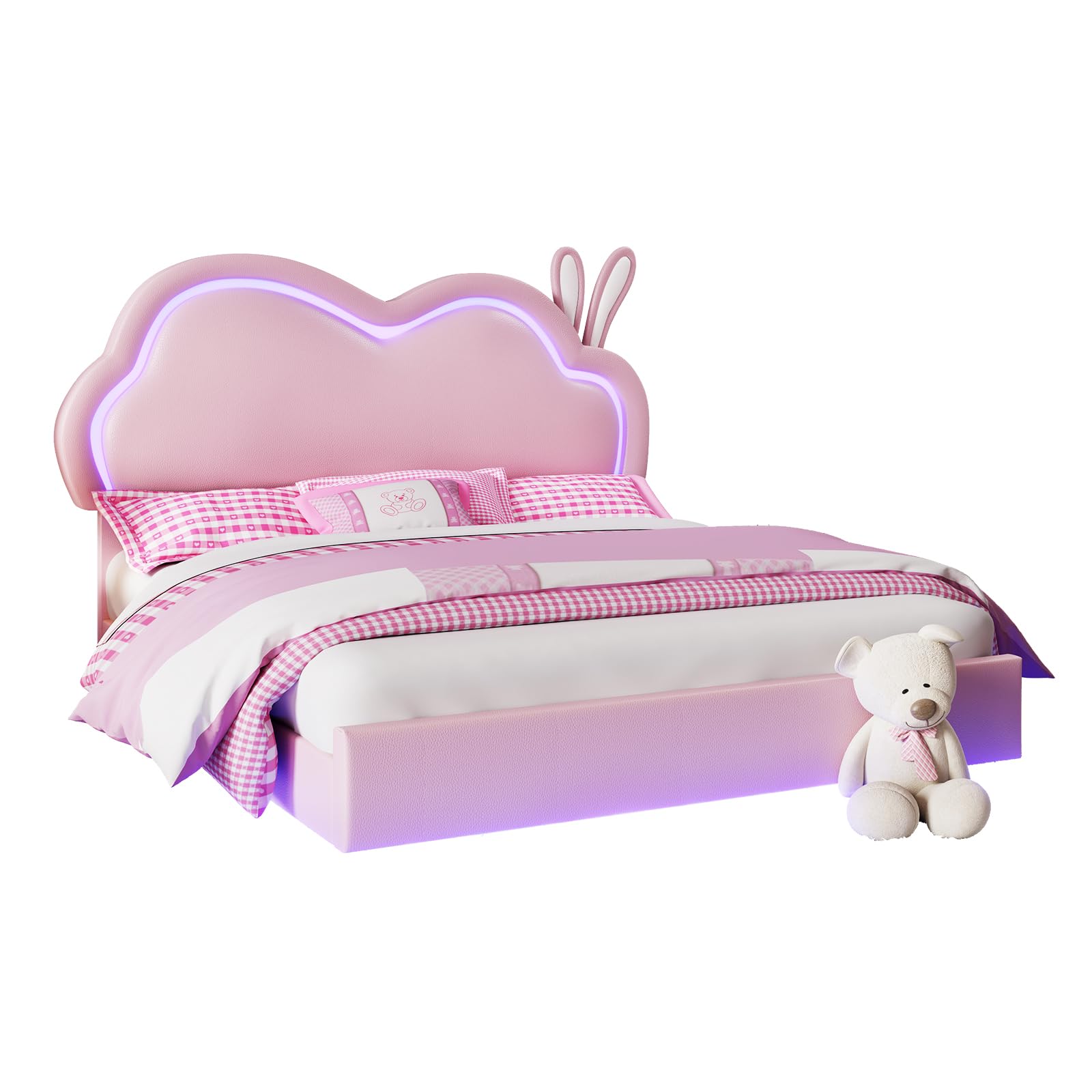 Jocisland LED Twin Bed Frame for Girls Upholstered Floating Bed with Cute Cloud Headboard, No Box Spring Needed, Leather, Pink