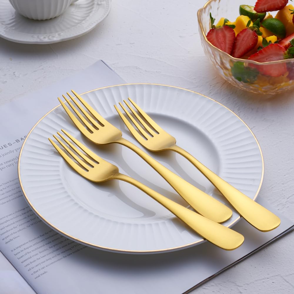 Matte Gold Dinner Fork Set, GoGeiLi 8.0-inch Stainless Steel Satin Finish Fork Silverware, Gold Flatware Table Fork Set of 6, Dishwasher Safe