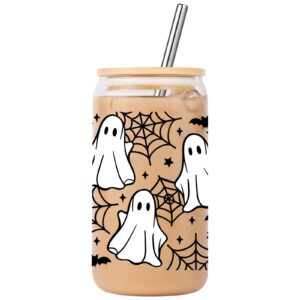 lovearth 16oz halloween ghost glass tumbler, spider web halloween glass cup with lid and straw, cute halloween bats cup, spooky gifts, boo basket stuffers for women, gifts for halloween lovers