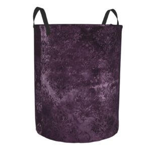 Eggplant Velvet Damask Plum Purple Floral Round Canvas Linen Laundry Hamper, Waterproof Storage Bin For Toys, Books, Clothes, Pets, Laundry Basket, Gift Basket Medium