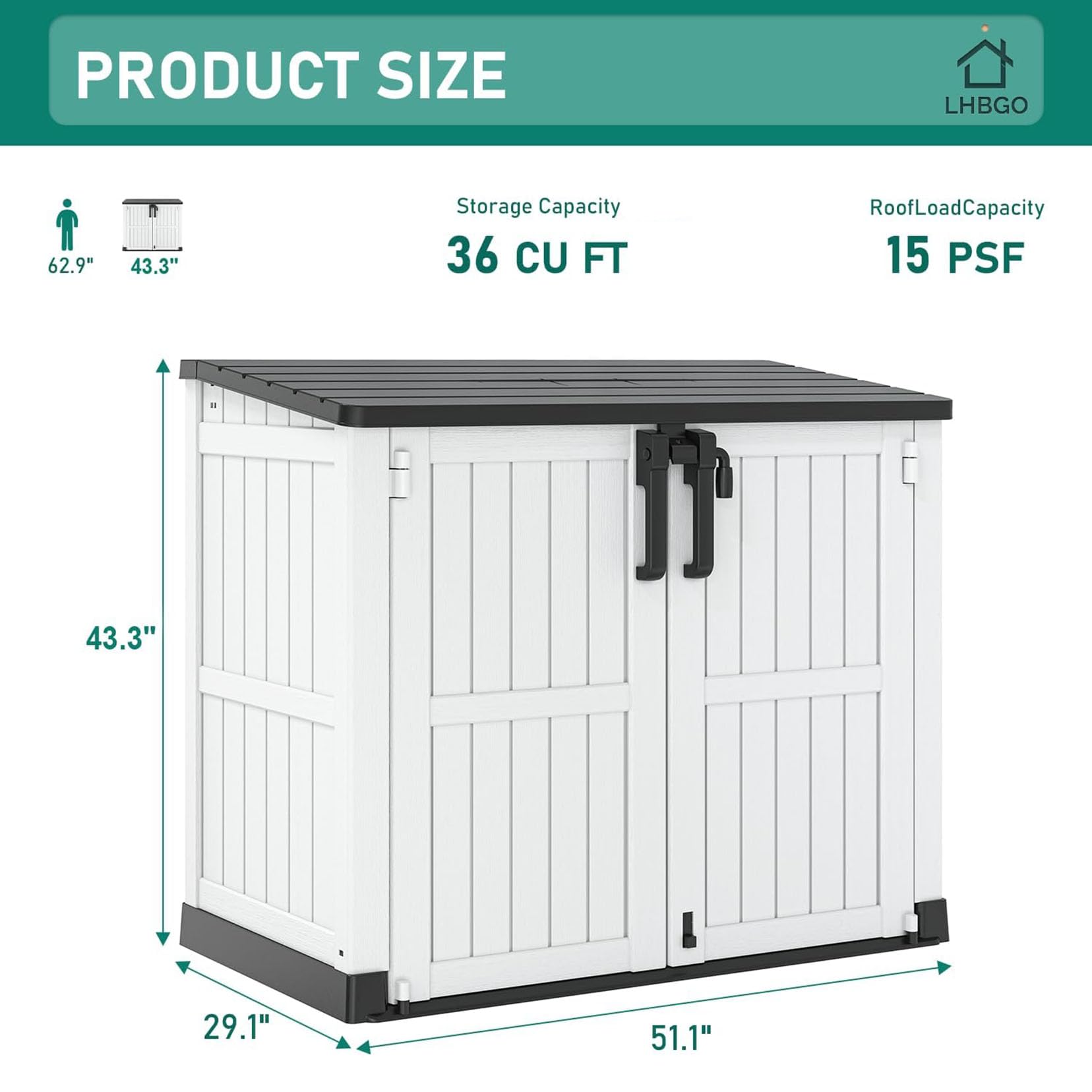 LHBGO Outdoor Resin Storage Shed 36 Cu. Ft. Generator Horizontal Storage Large Capacity Weather Resistant Storage Box, Lockable Resin Waterproof Shed for Garbage Cans, Garden Tools