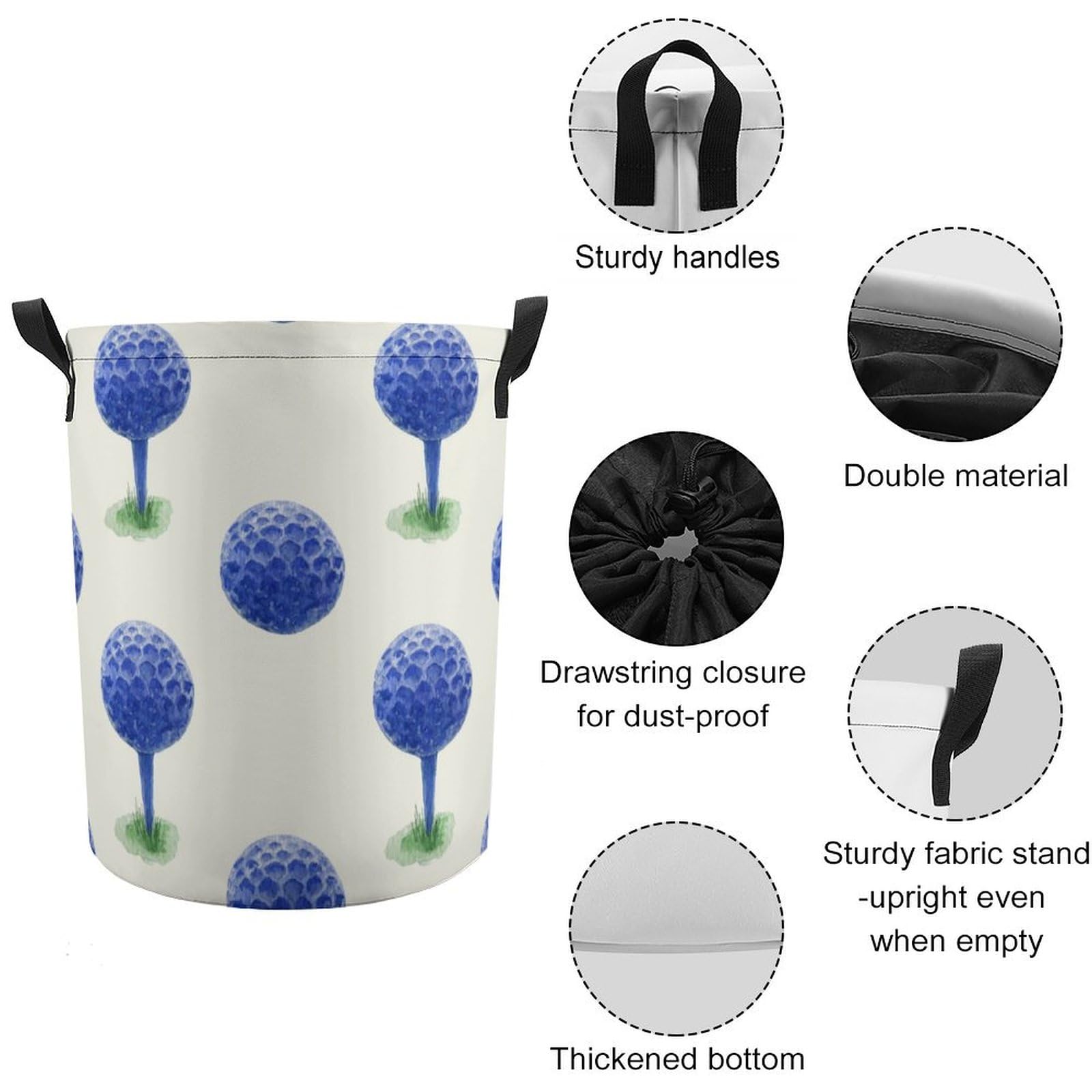 MoBlinko Blue Golf Balls Laundry Hamper Collapsible Laundry Basket with Handles Waterproof Clothes Toy Round Storage Bin for Bedroom Bathroom