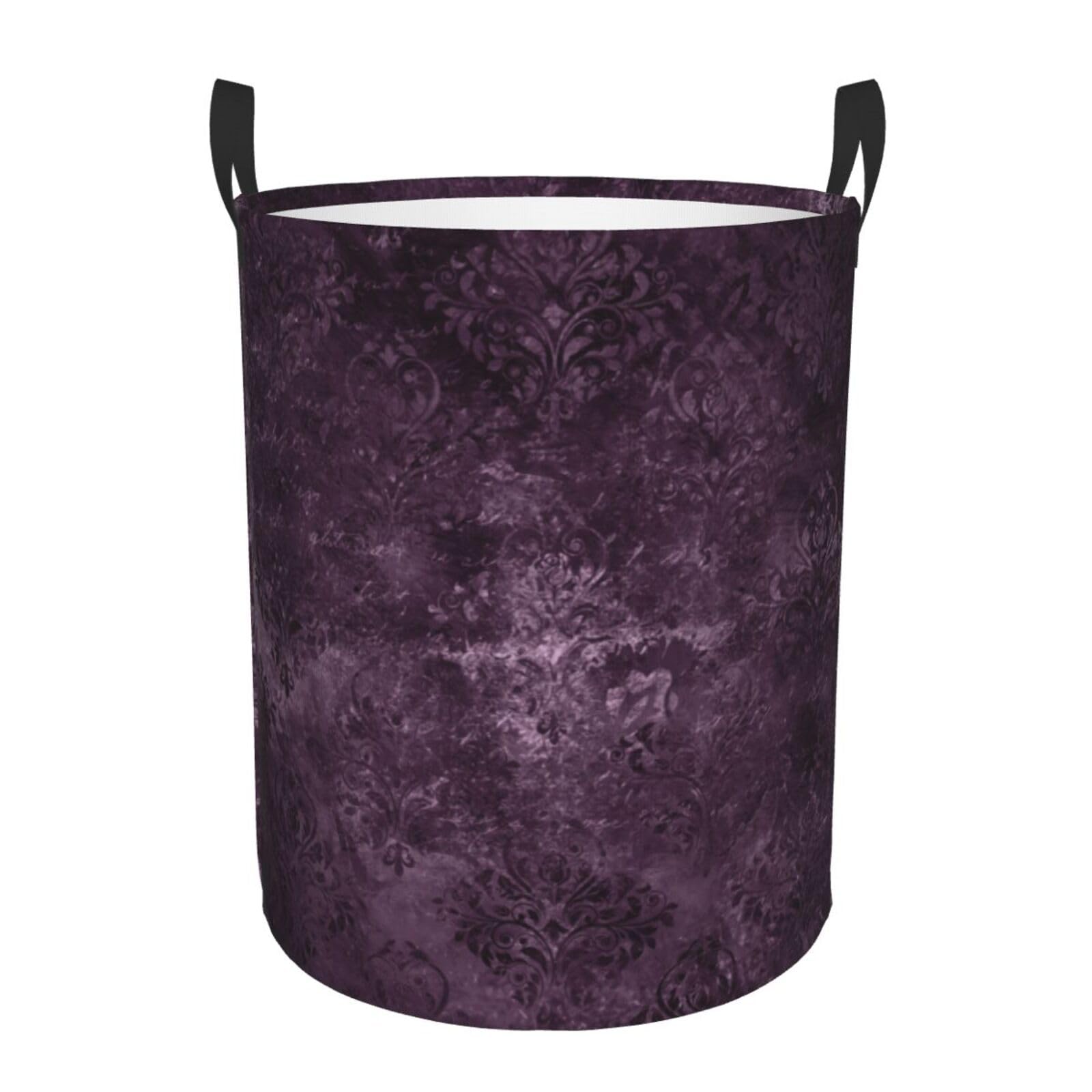 Eggplant Velvet Damask Plum Purple Floral Round Canvas Linen Laundry Hamper, Waterproof Storage Bin For Toys, Books, Clothes, Pets, Laundry Basket, Gift Basket Medium