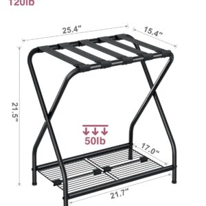 NEFROM Luggage Rack Pack of 2, Foldable Suitcase Stand with Storage Shelf, Metal Luggage Holder for Guest Room, Bedroom, Hotel LR-BK-2