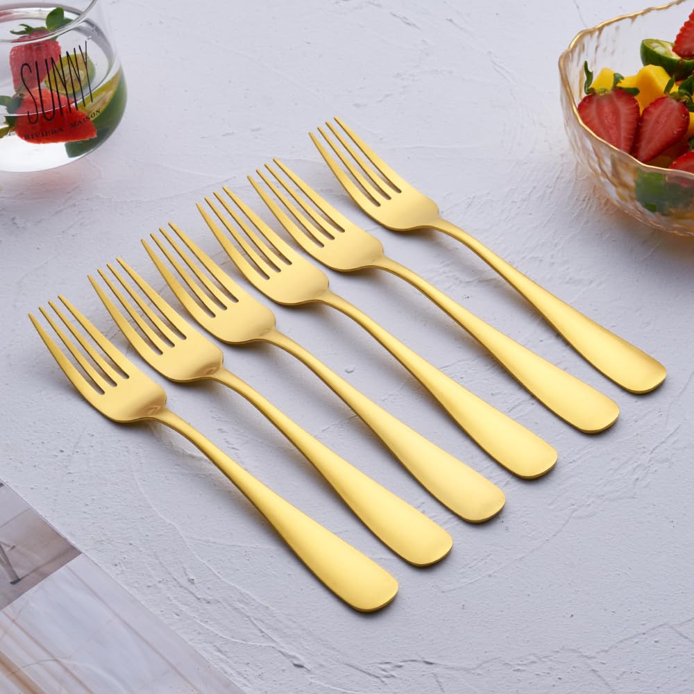 Matte Gold Dinner Fork Set, GoGeiLi 8.0-inch Stainless Steel Satin Finish Fork Silverware, Gold Flatware Table Fork Set of 6, Dishwasher Safe