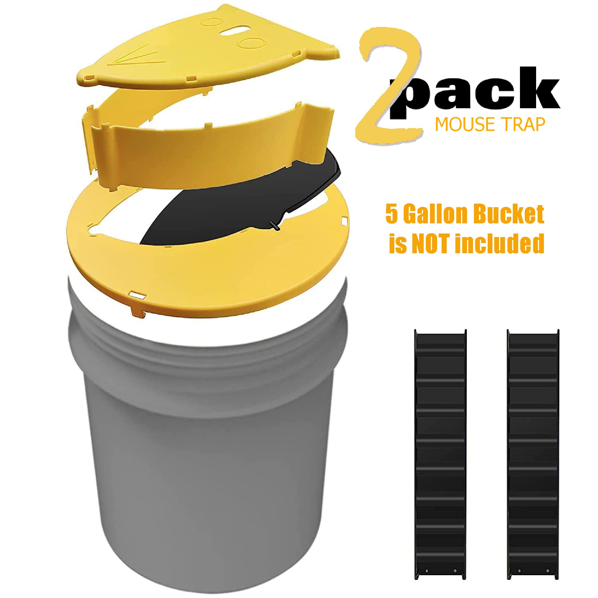 Pack 2 Bucket Lid Mouse Rat Trap, Mouse Catching Tool, Trap Door Style, Multi Catch, Auto Reset, Indoor Outdoor, 5 Gallon Bucket Compatible