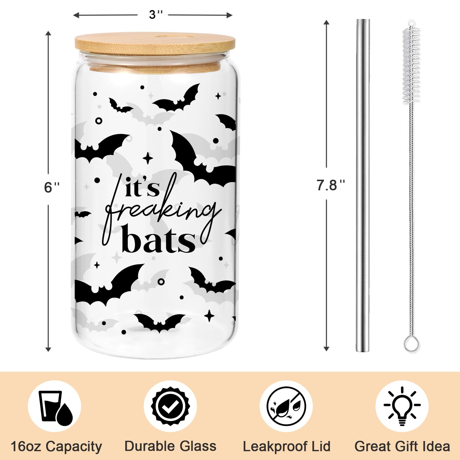 Lovearth Halloween Bats Cup, Gothic Bat Iced Coffee Cup, 16oz Halloween Glass Cup with Lid and Straw, Spooky Gifts, Cute Halloween Gifts for Women, Men, Bat Lovers, Gifts for Halloween Lovers