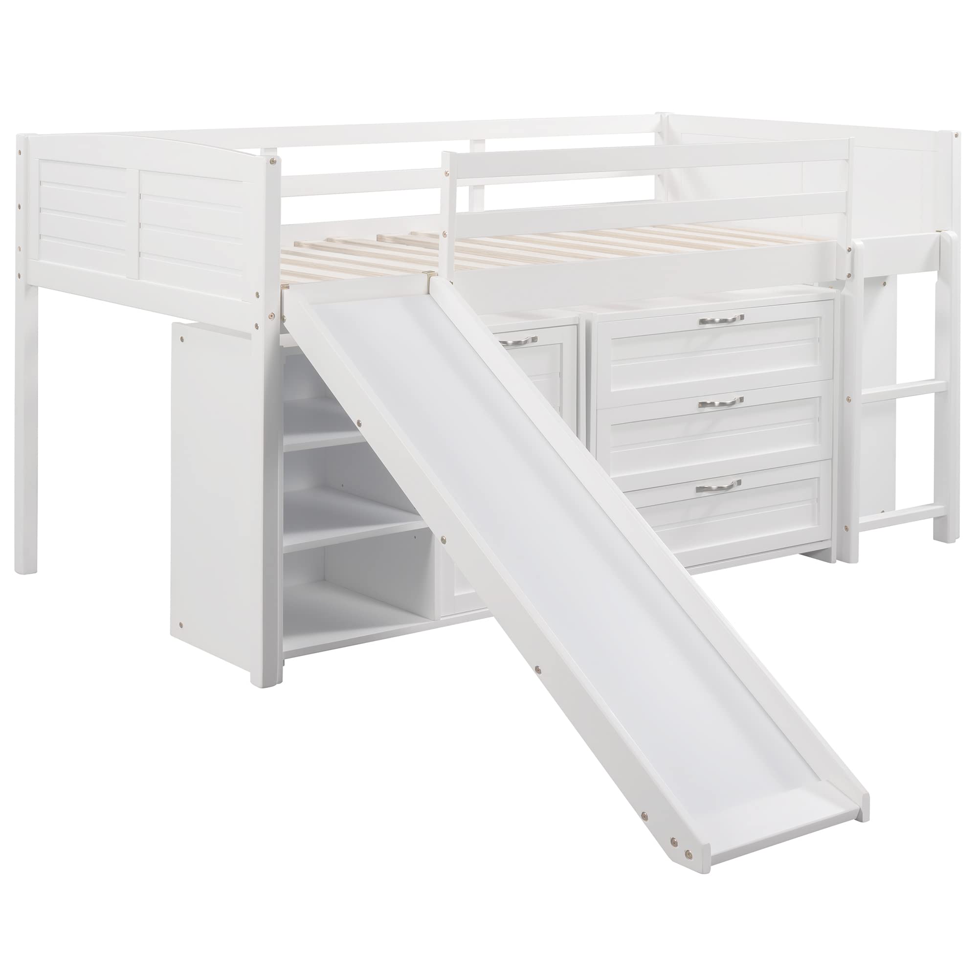 Kids Twin Loft Bed with Slide and Storage Cabinet, Low Loft Bed Frame with Drawers and Book Shelves, Wooden Twin Size Loft Beds for Kids Teens,Boys Girls, No Spring Box Needed (Twin, White)