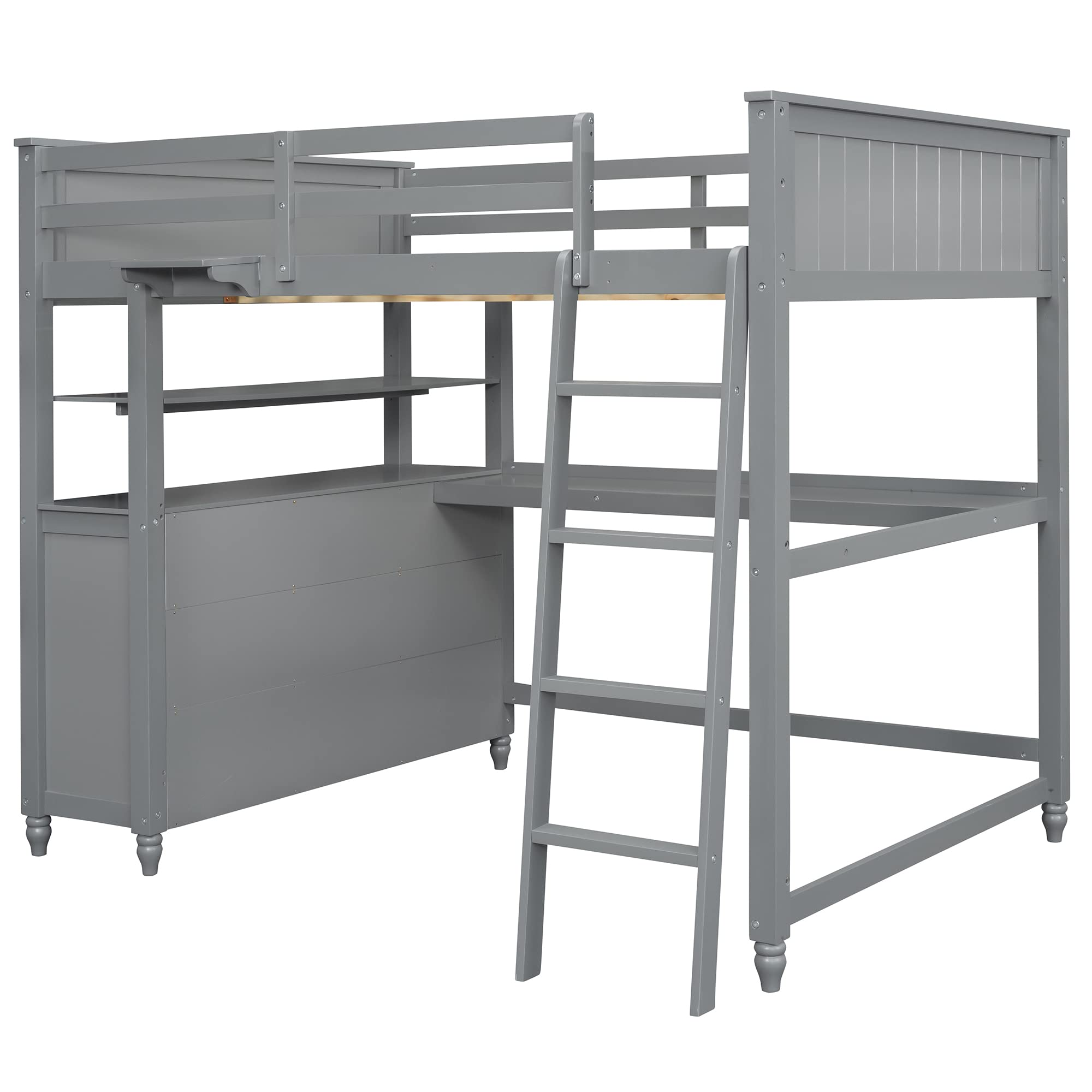 Full Size Loft Bed with Desk and Storage Drawers, Wood Loft Bed Frame with Shelves and Ladder for Kids Adults Boys Girls Teens, Gray